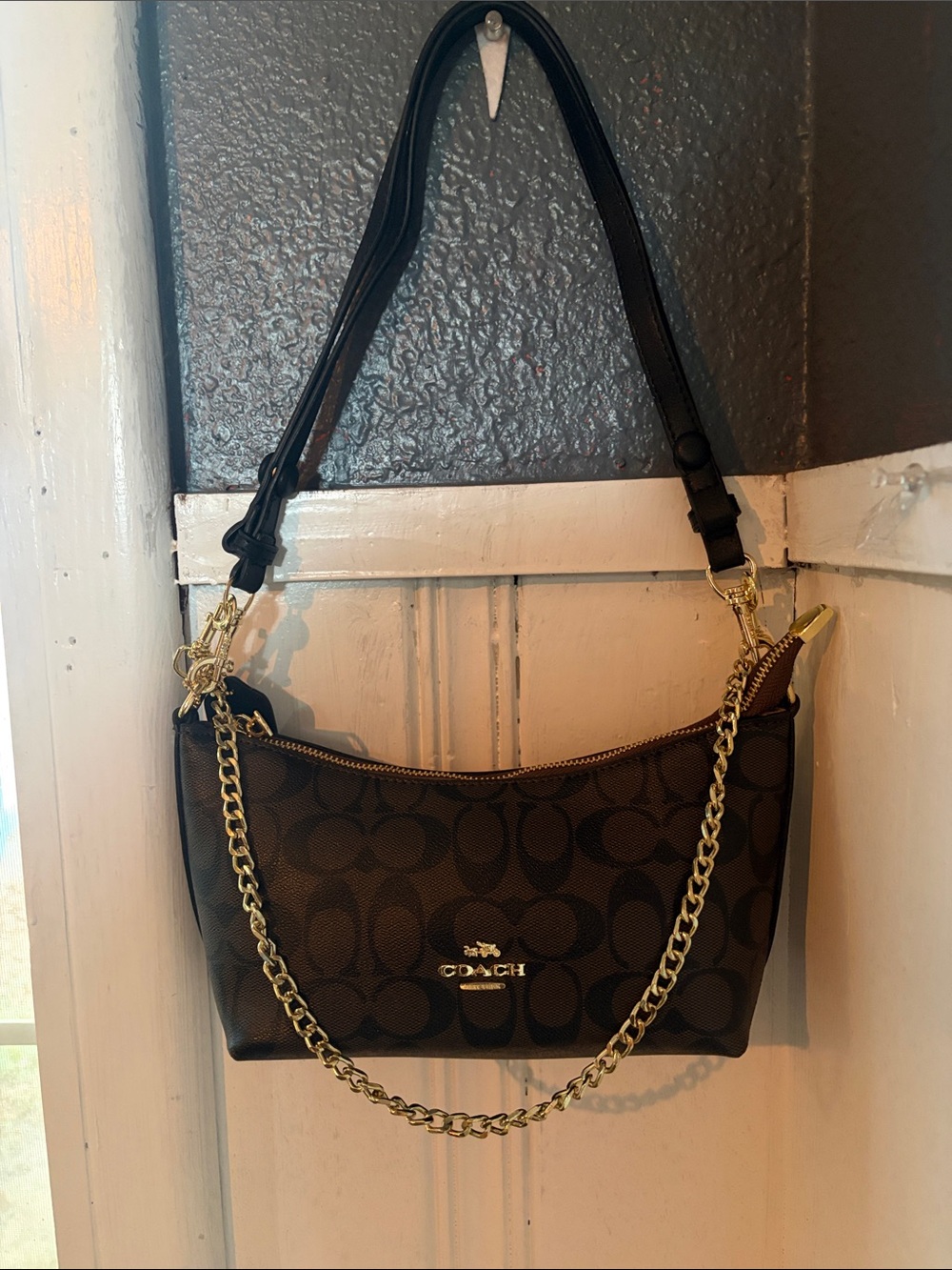 Coach Brown Signature Canvas Shoulder Bag with Gold Hardware